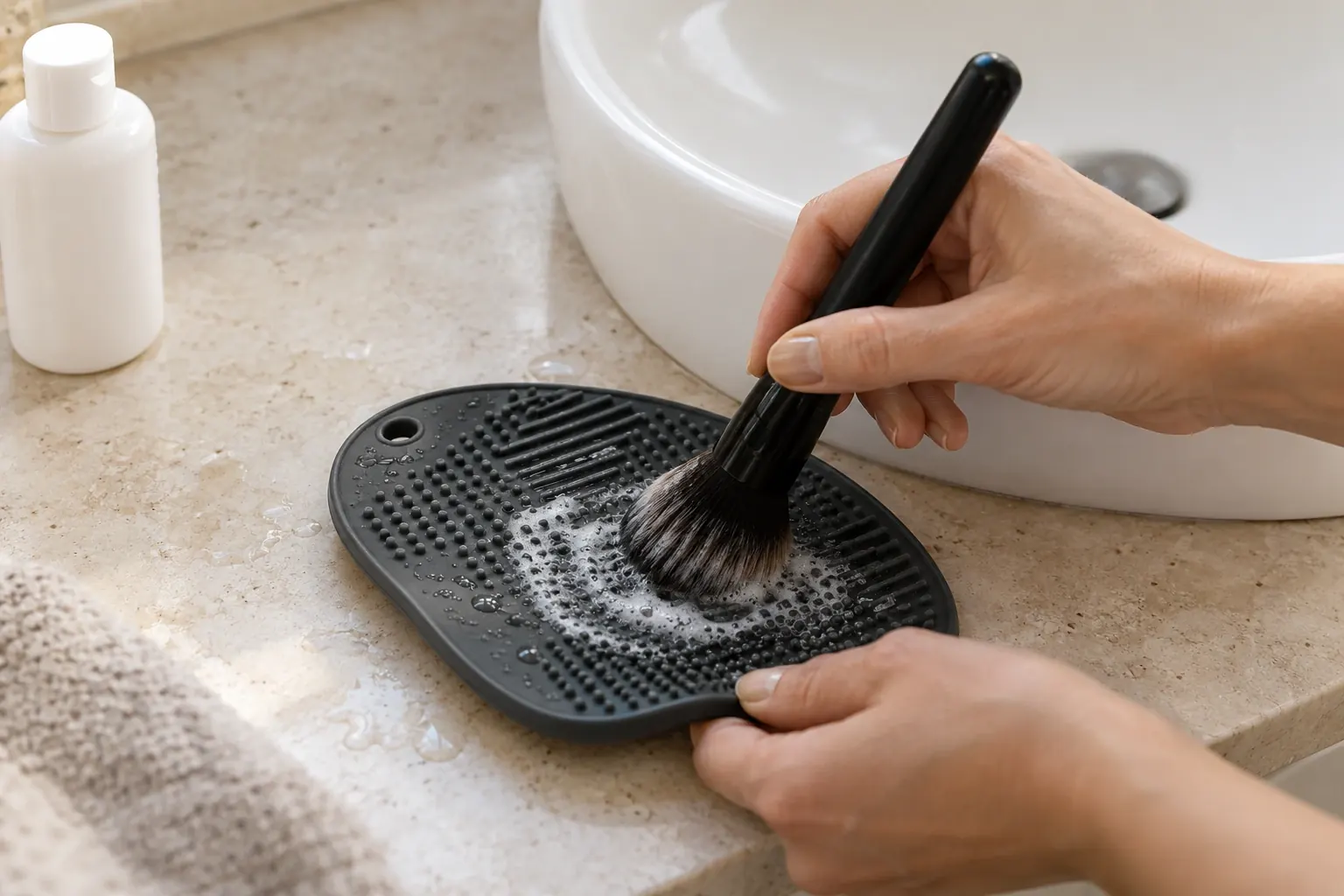 Hands washing a makeup brush on a silicone cleaning pad beside a white basin
