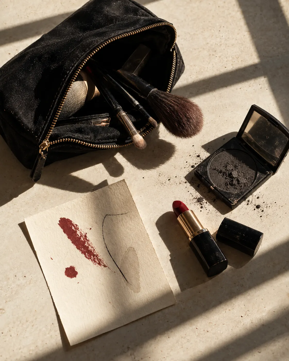 Makeup brushes, an open black pouch and a red lip swatch in afternoon light