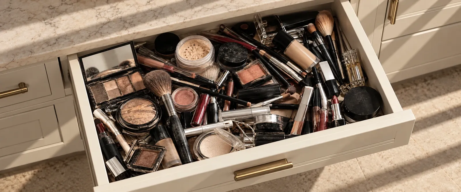 A wide view of an open makeup drawer crowded with compacts, brushes and pencils beneath a stone counter