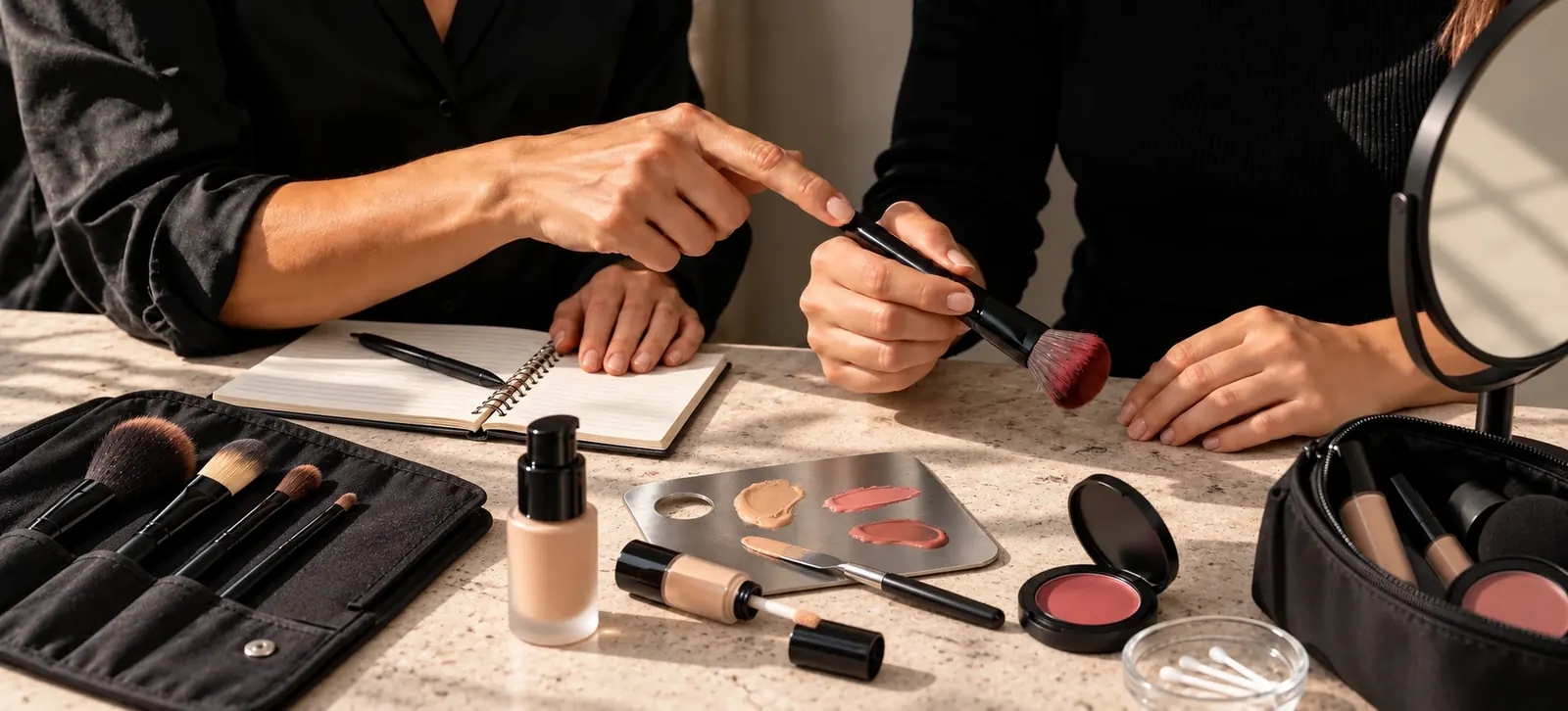 A private makeup lesson with brush guidance, a personal makeup bag, mixing palette and practice notebook