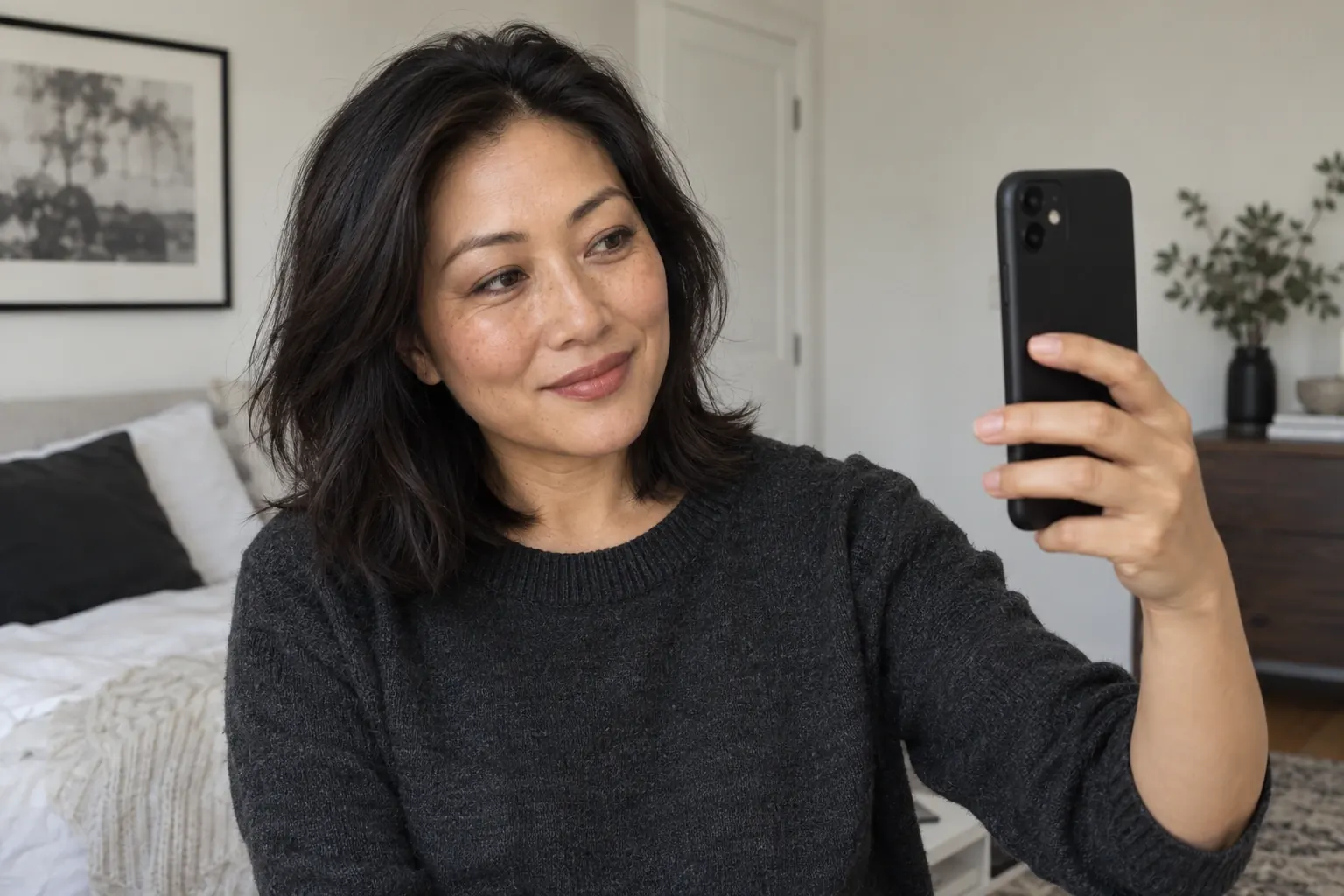 A woman checking her everyday makeup with a phone in soft daylight