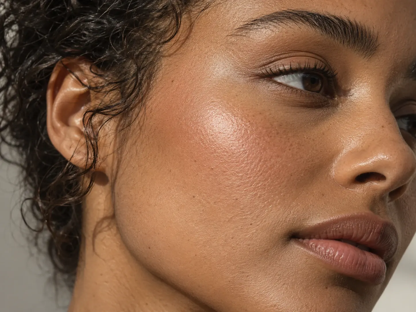 Close detail of natural skin texture and softly placed blush